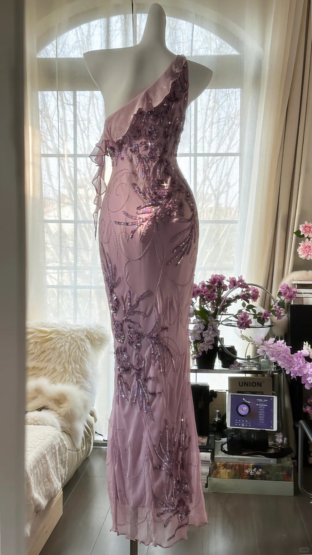 Charming Purple One Shoulder Heavily Beaded Chiffon Prom Dress