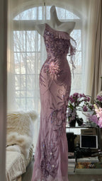 Charming Purple One Shoulder Heavily Beaded Chiffon Prom Dress