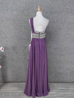 Charming Purple One-Shoulder Square Neck Rhinestone Beaded Chiffon Long Classy Prom Dress