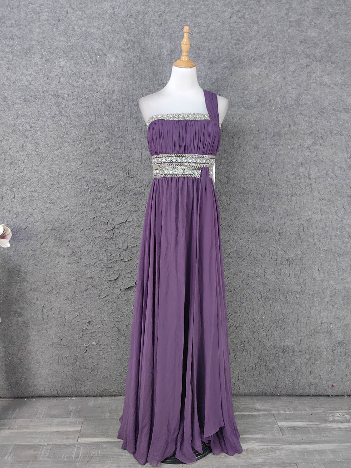 Charming Purple One-Shoulder Square Neck Rhinestone Beaded Chiffon Long Classy Prom Dress Main image