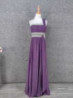 Charming Purple One-Shoulder Square Neck Rhinestone Beaded Chiffon Long Classy Prom Dress