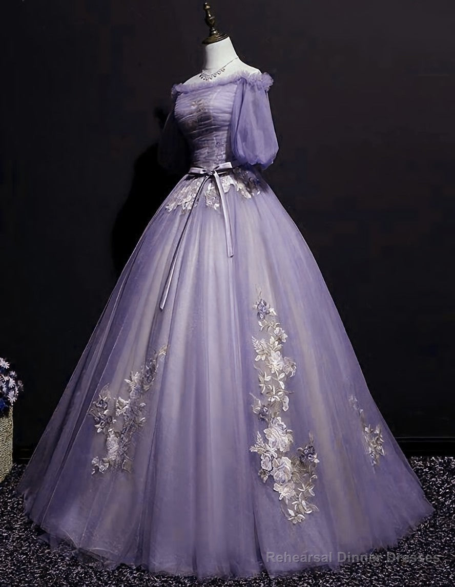 Charming Purple Short Sleeves Tulle Puffy Long Formal Dress, Lovely Evening Dress Party Dress Secondary image
