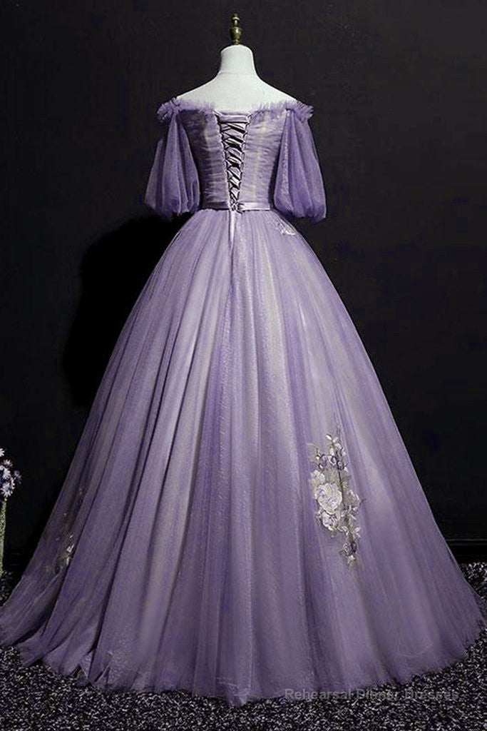 Charming Purple Short Sleeves Tulle Puffy Long Formal Dress, Lovely Evening Dress Party Dress Main image