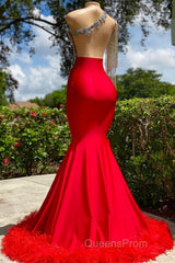 Charming Red Long Mermaid Tassel One Shoulder Satin Backless Evening Prom Dress