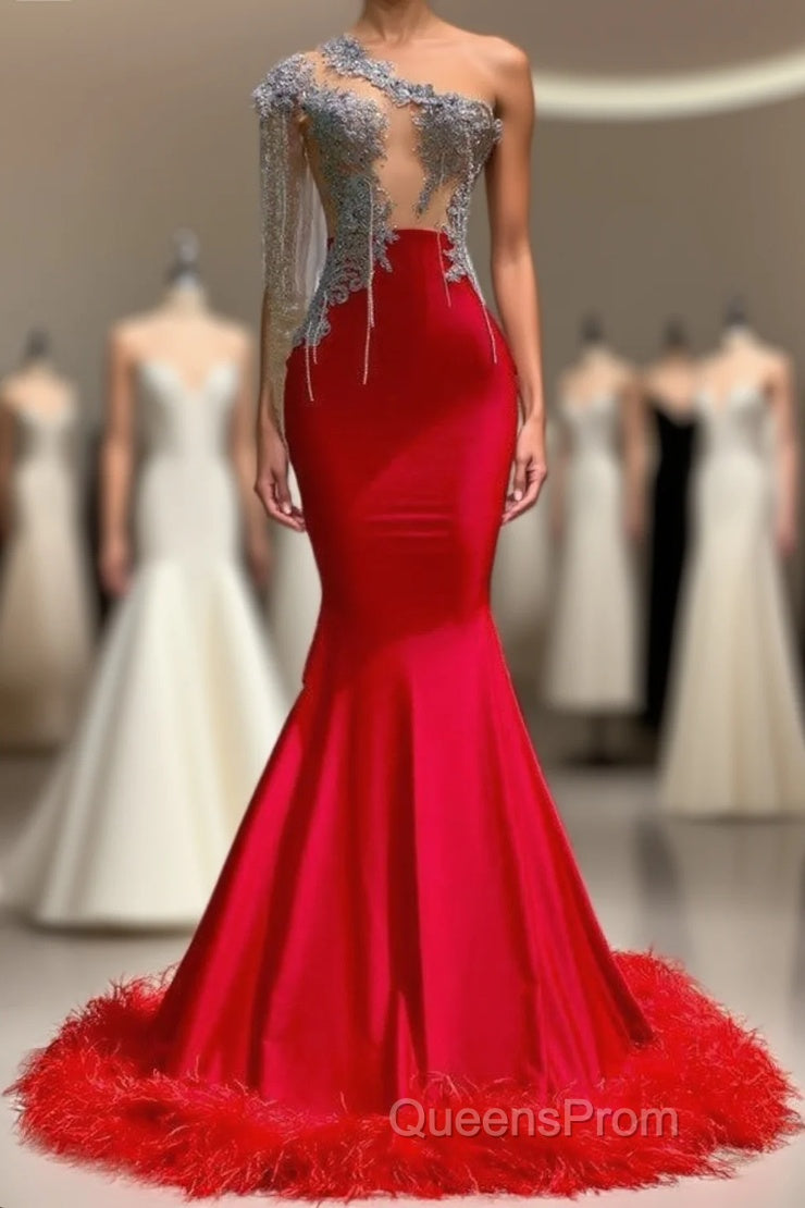 Charming Red Long Mermaid Tassel One Shoulder Satin Backless Evening Prom Dress Main image