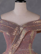 Charming Rose Gold Sequins Long Party Dress, Off Shoulder Sequins Evening Prom Dress