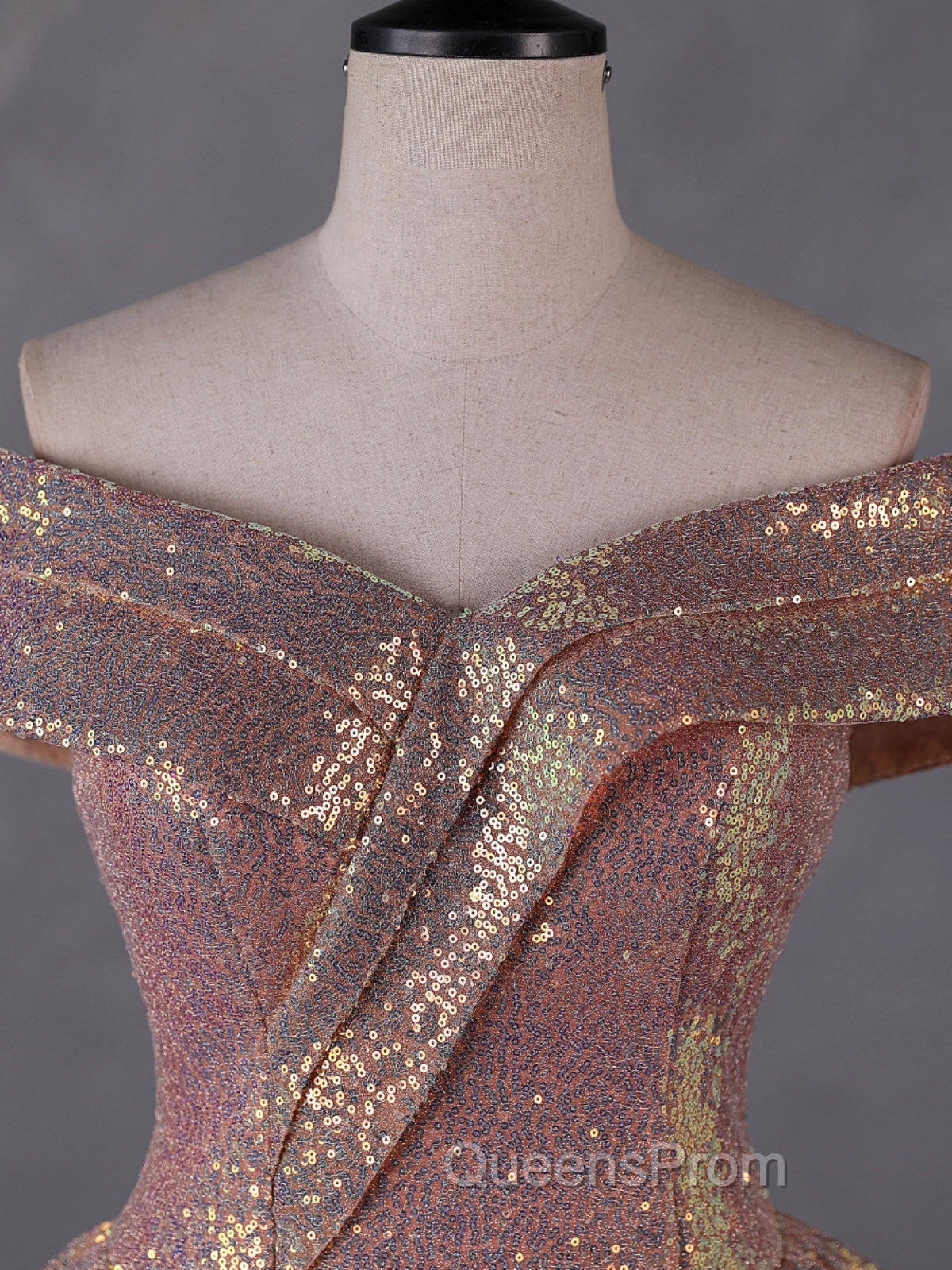 Charming Rose Gold Sequins Long Party Dress, Off Shoulder Sequins Evening Prom Dress
