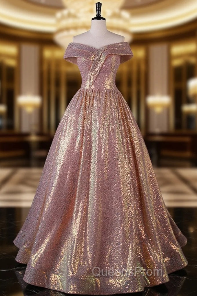 Charming Rose Gold Sequins Long Party Dress, Off Shoulder Sequins Evening Prom Dress Main image