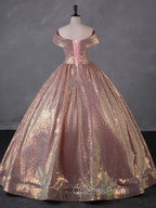 Charming Rose Gold Sequins Long Party Dress, Off Shoulder Sequins Evening Prom Dress
