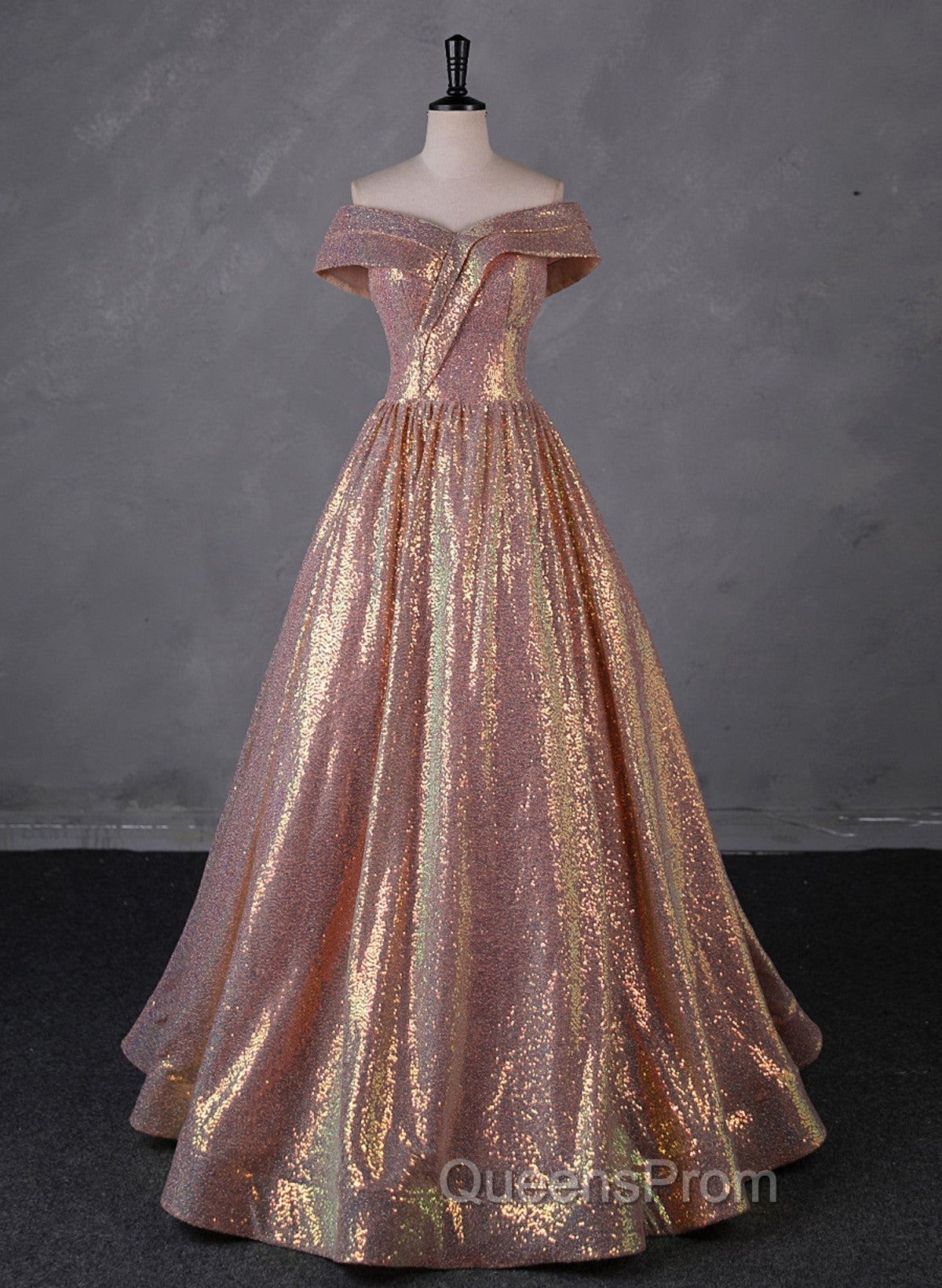 Charming Rose Gold Sequins Long Party Dress, Off Shoulder Sequins Evening Prom Dress