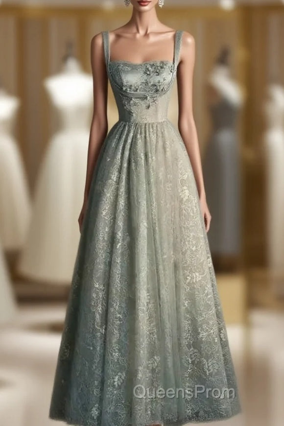 Charming Sage Green Long Tulle Lace Evening Prom Dress A Line Party Evening Dress Main image