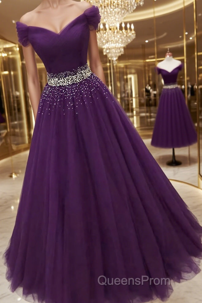 Charming Sequins Off Shoulder Dark Purple Long Evening Prom Dress, Off the Shoulder Dark Purple Formal Evening Dress Main image
