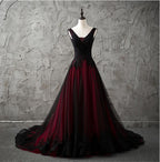 Charming Sleeveless Black And Red Lace Appliques Beaded Party Dress, Low Back Classy Prom Dress