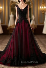 Charming Sleeveless Black and Red Lace Appliques Beaded Party Dress, Low Back Evening Prom Dress