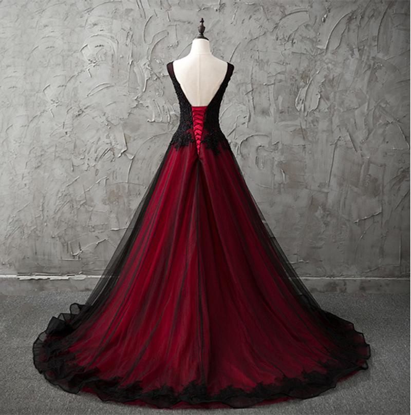Charming Sleeveless Black And Red Lace Appliques Beaded Party Dress, Low Back Classy Prom Dress