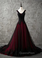 Charming Sleeveless Black and Red Lace Appliques Beaded Party Dress, Low Back Evening Prom Dress