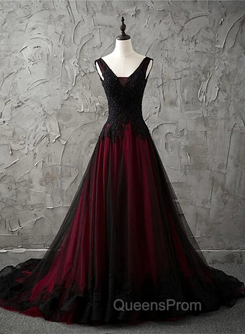 Charming Sleeveless Black and Red Lace Appliques Beaded Party Dress, Low Back Evening Prom Dress