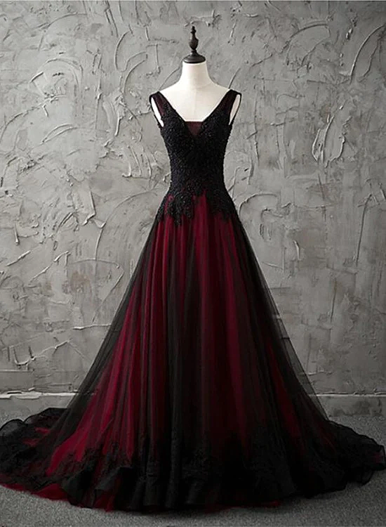 Charming Sleeveless Black And Red Lace Appliques Beaded Party Dress, Low Back Classy Prom Dress Main image