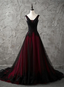 Charming Sleeveless Black And Red Lace Appliques Beaded Party Dress, Low Back Classy Prom Dress