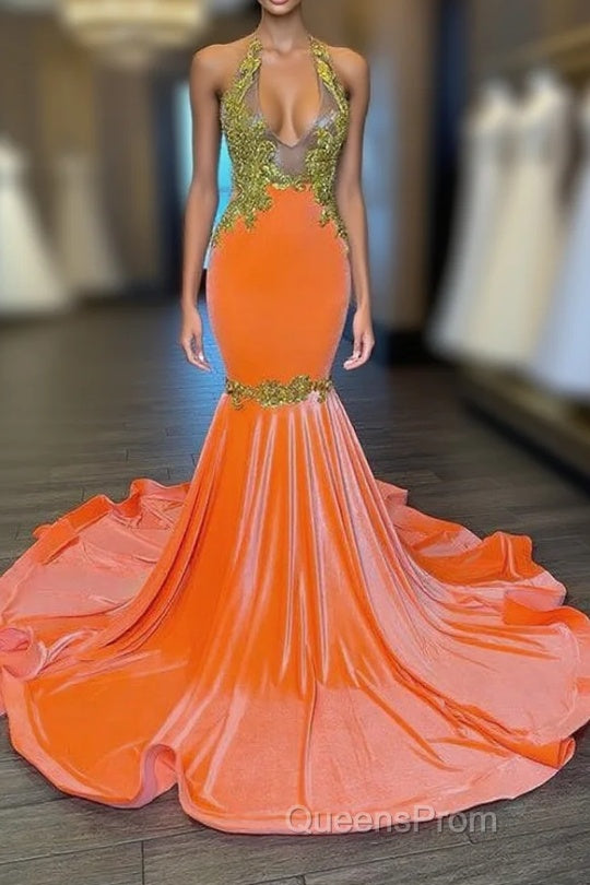 Charming Sleeveless Halter Backless Mermaid Evening Prom Dress With Gold Beading Main image