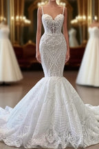 Charming Sleeveless Spaghetti Straps Mermaid Wedding Dress with Ruffles