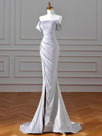 Charming Sliver Mermaid Party Dress, Sliver Off Shoulder Long Evening Prom Dress With Leg Slit