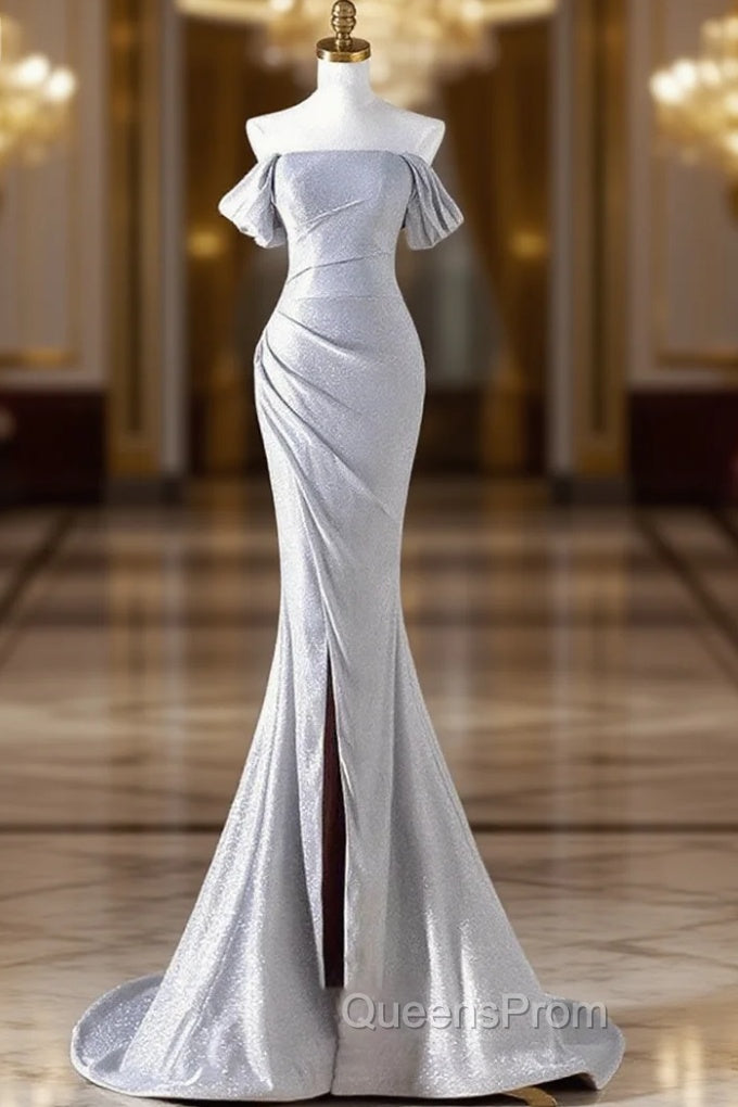 Charming Sliver Mermaid Party Dress, Sliver Off Shoulder Long Evening Prom Dress With Leg Slit Main image