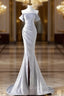 Charming Sliver Mermaid Party Dress, Sliver Off Shoulder Long Evening Prom Dress With Leg Slit