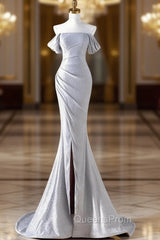 Charming Sliver Mermaid Party Dress, Sliver Off Shoulder Long Evening Prom Dress With Leg Slit