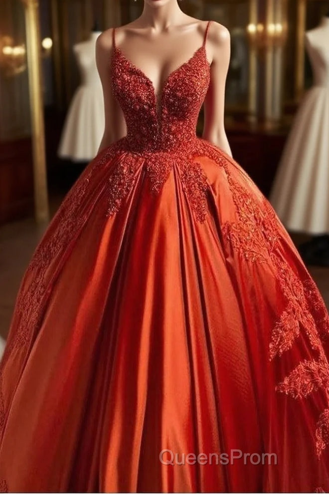 Charming Spaghetti Straps V Neck Aline Wedding Dress Orange Floral Appliques Main image