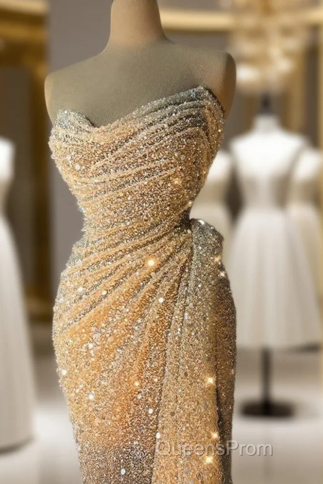 Charming Strapless V-Neck Crystal Sequins Draped Mermaid Evening Prom Dress Main image