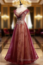 Charming Tulle Cap Sleeves Long New Party Gown, Evening Prom Dress