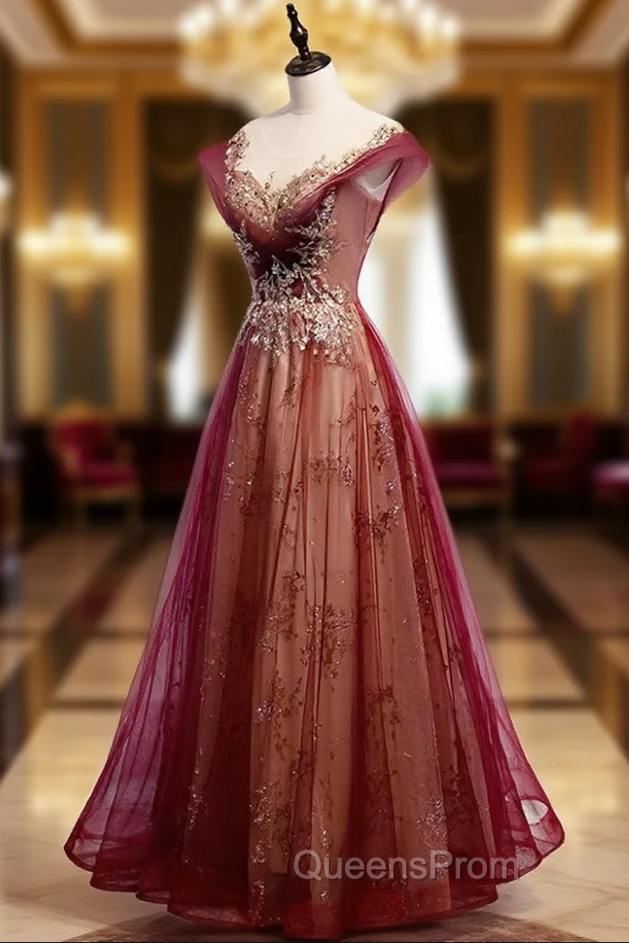 Charming Tulle Cap Sleeves Long New Party Gown, Evening Prom Dress