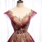 Charming Tulle Cap Sleeves Long New Party Gown, Evening Prom Dress