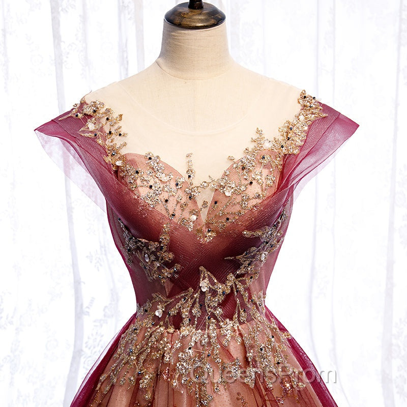 Charming Tulle Cap Sleeves Long New Party Gown, Evening Prom Dress