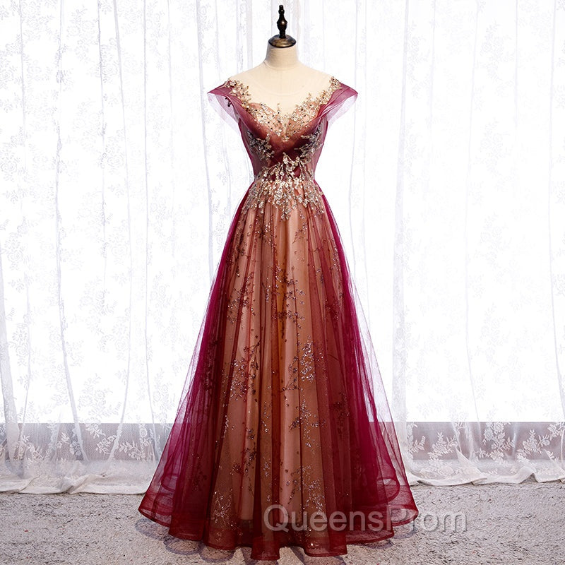 Charming Tulle Cap Sleeves Long New Party Gown, Evening Prom Dress