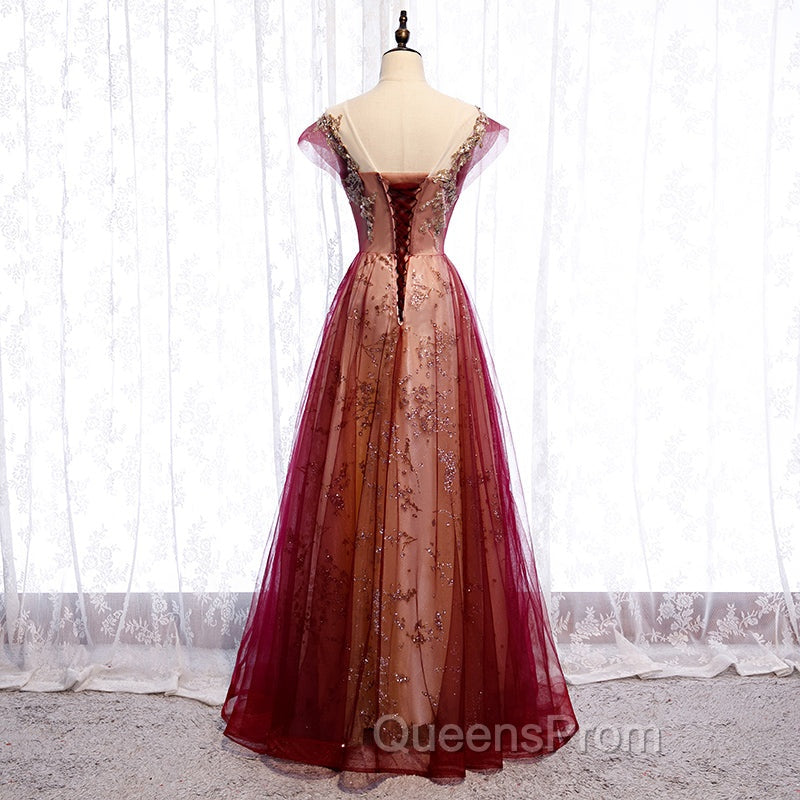 Charming Tulle Cap Sleeves Long New Party Gown, Evening Prom Dress