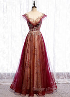 Charming Tulle Cap Sleeves Long New Party Gown, Evening Prom Dress