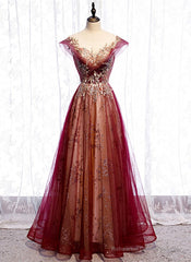 Charming Tulle Cap Sleeves Long New Party Gown, Prom Dress