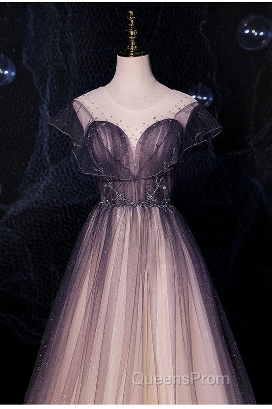 Charming Tulle Gradient Cap Sleeves Long Party Dress, A-Line Evening Gown Secondary image