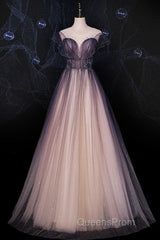 Charming Tulle Gradient Cap Sleeves Long Party Dress, A-Line Evening Gown