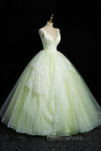 Charming Tulle Lace Green Evening Prom Dress, V-Neck Sleeveless Floor-Length Evening Dress