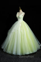 Charming Tulle Lace Green Evening Prom Dress, V-Neck Sleeveless Floor-Length Evening Dress