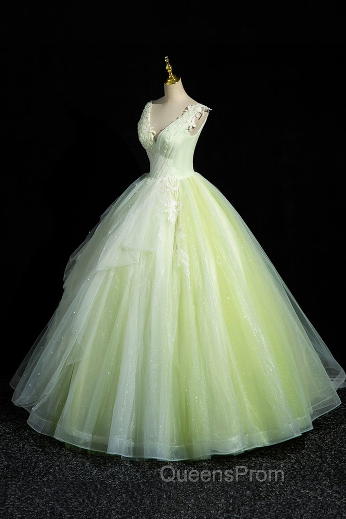 Charming Tulle Lace Green Evening Prom Dress, V-Neck Sleeveless Floor-Length Evening Dress