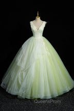 Charming Tulle Lace Green Evening Prom Dress, V-Neck Sleeveless Floor-Length Evening Dress
