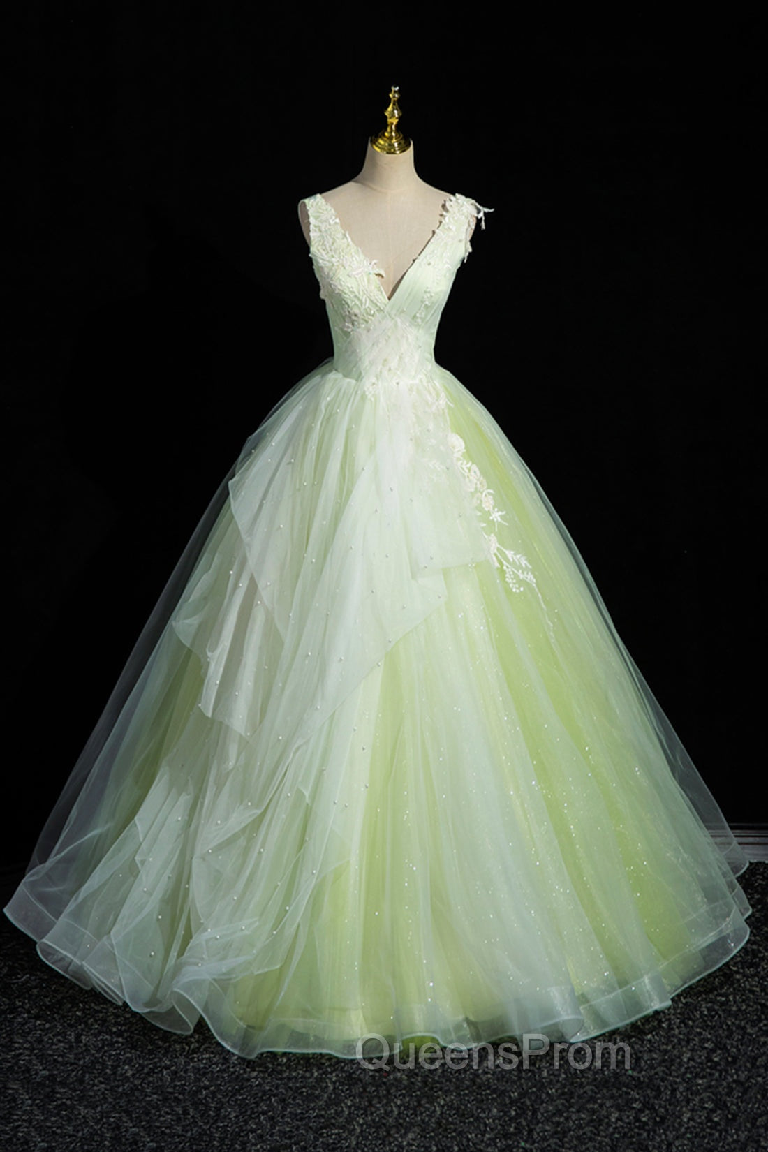 Charming Tulle Lace Green Evening Prom Dress, V-Neck Sleeveless Floor-Length Evening Dress Main image