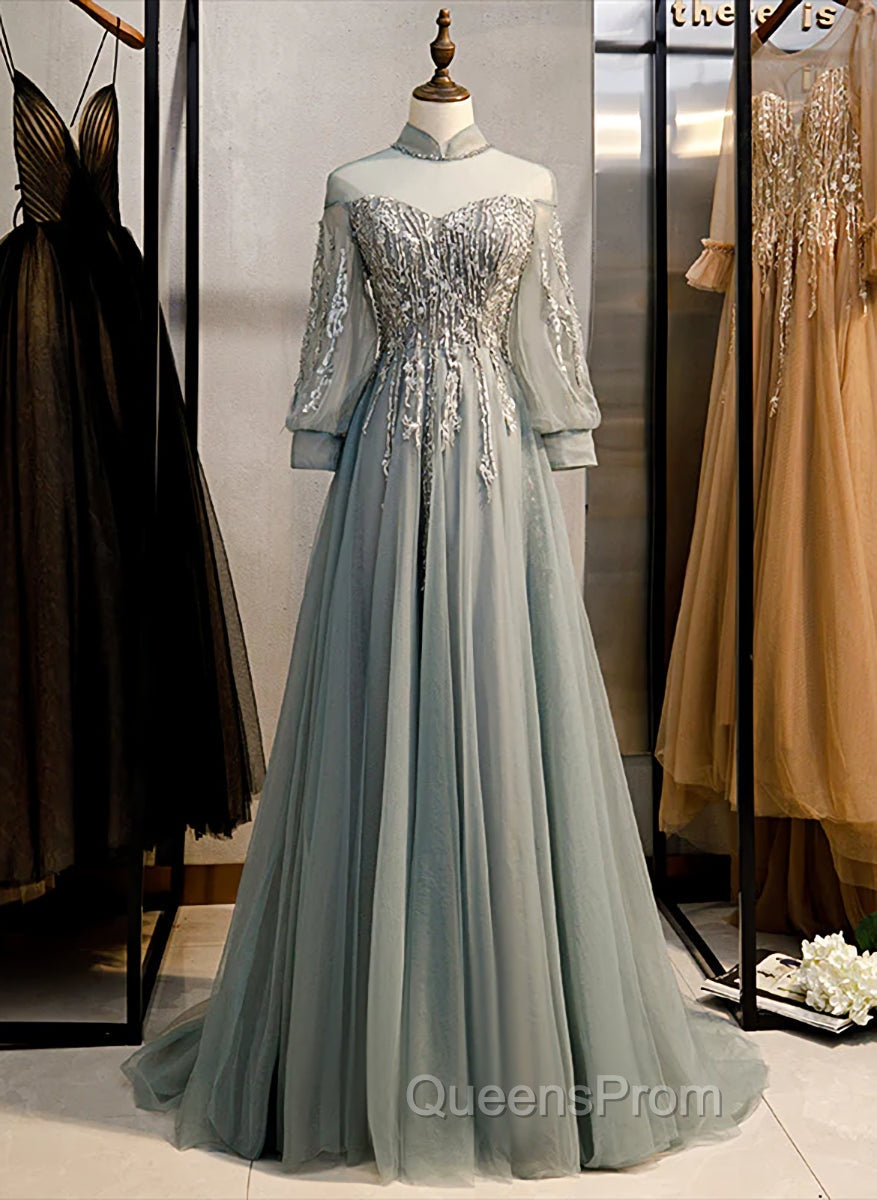Charming Tulle Long Sleeves Beaded and Lace Long Party Dress, A-line Tulle Evening Gown Main image