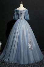 Charming Tulle Puffy Sleeves Long Classy Gown, Classy Prom Dress