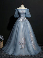 Charming Tulle Puffy Sleeves Long Classy Gown, Classy Prom Dress