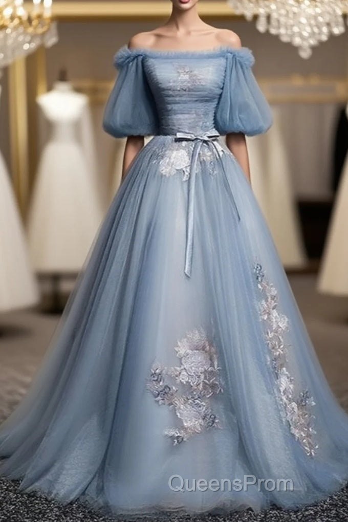 Charming Tulle Puffy Sleeves Long Formal Gown, Evening Prom Dress Main image